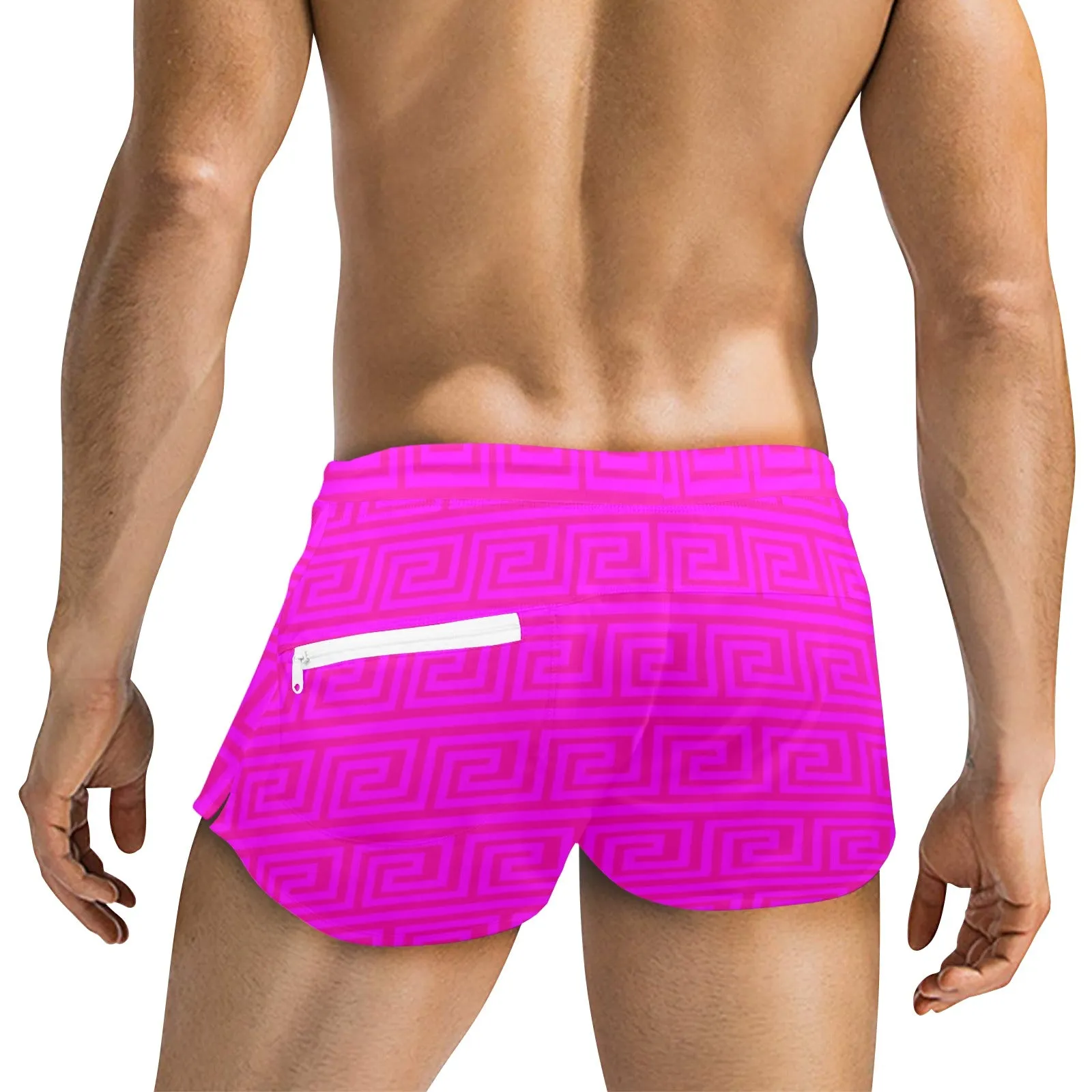 fuchsia greek key offset print Men's Swim Trunks with Zipper Pocket (Model L71)