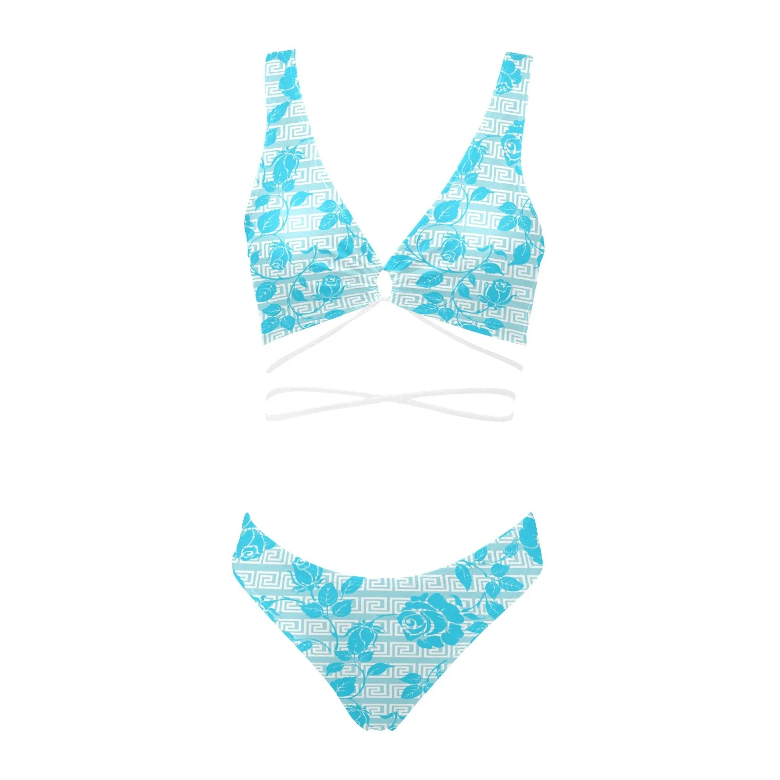 greek roses in blue print Cross String Bikini Set (Model S29)