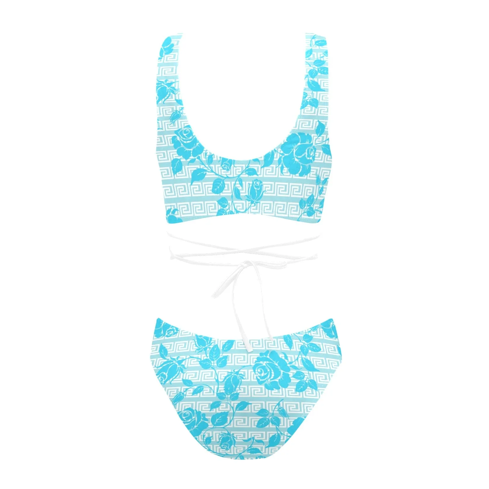 greek roses in blue print Cross String Bikini Set (Model S29)
