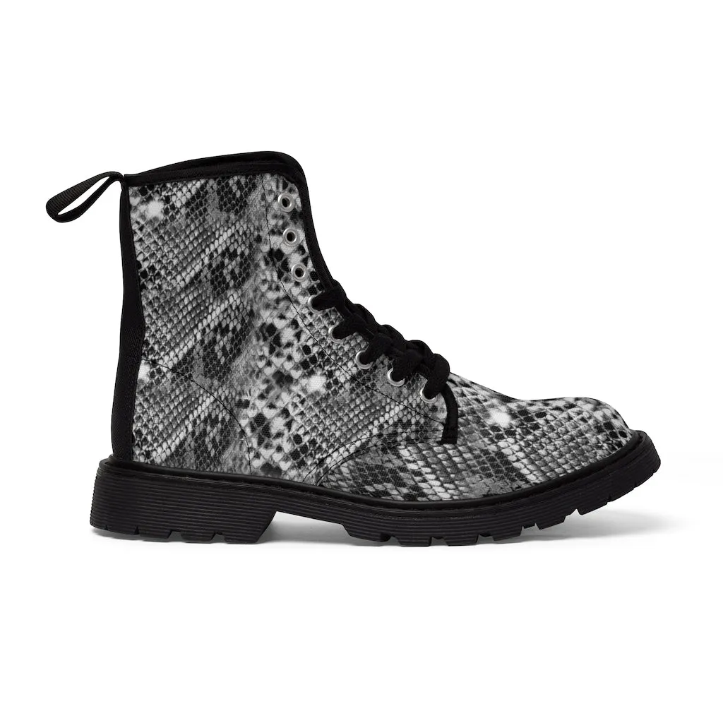 Grey Snake Women's Canvas Boots, Best Snake Reptile Print Best Winter Combat Boots For Ladies