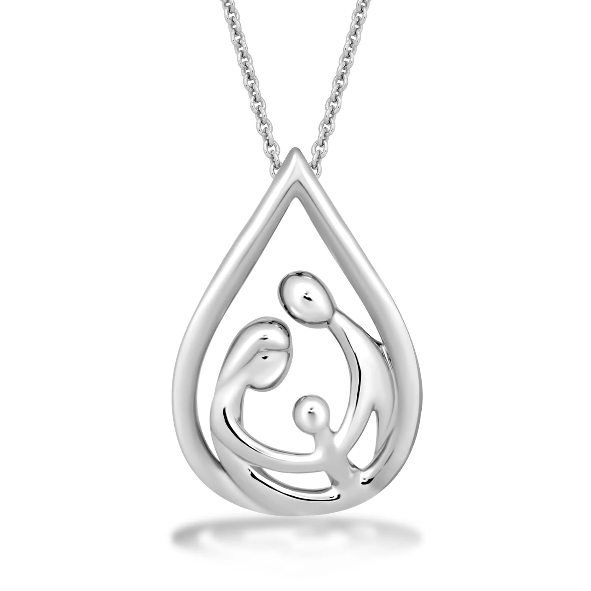Jewelili Sterling Silver With Parent and One Child Family Teardrop Pendant Necklace