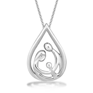 Jewelili Sterling Silver With Parent and One Child Family Teardrop Pendant Necklace