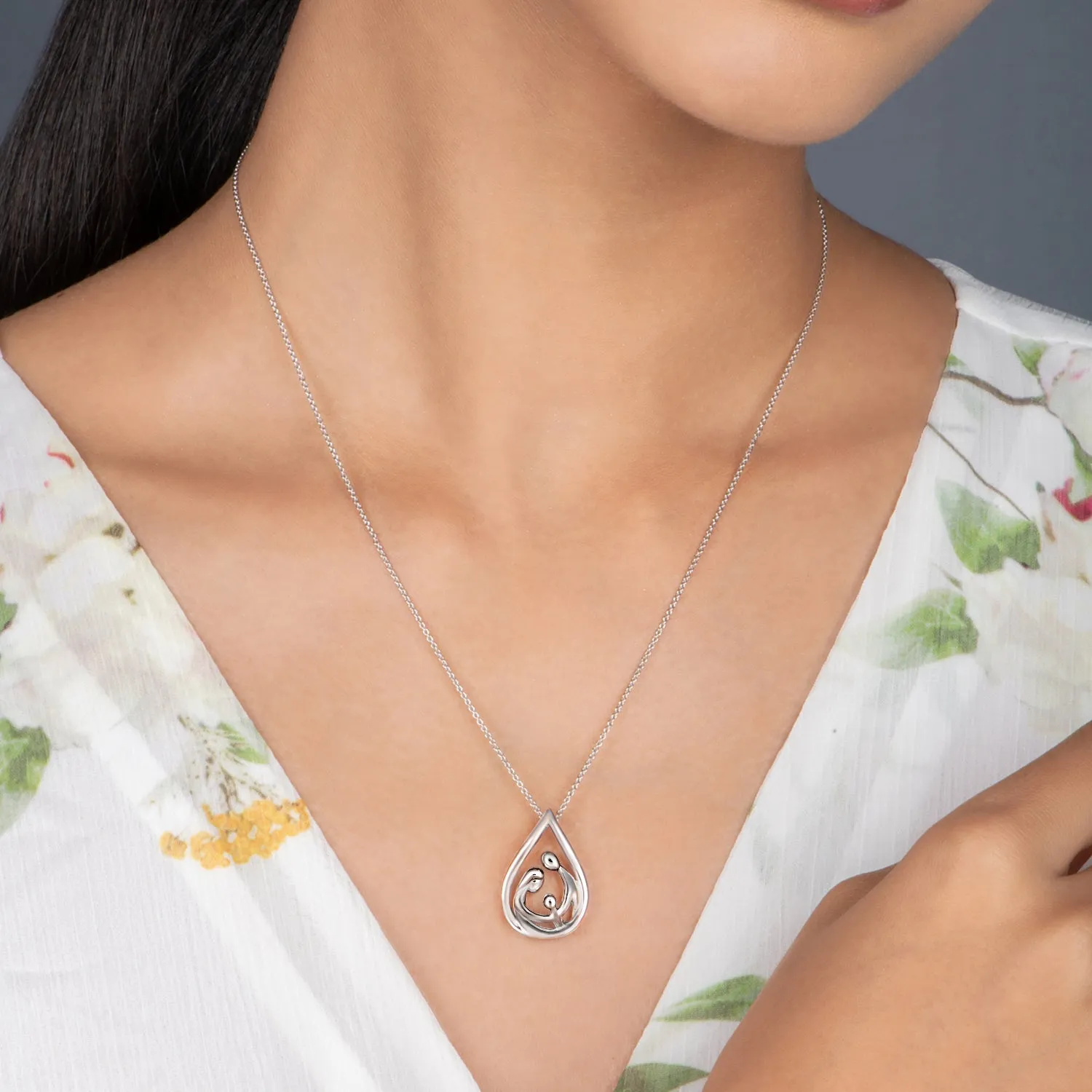 Jewelili Sterling Silver With Parent and One Child Family Teardrop Pendant Necklace