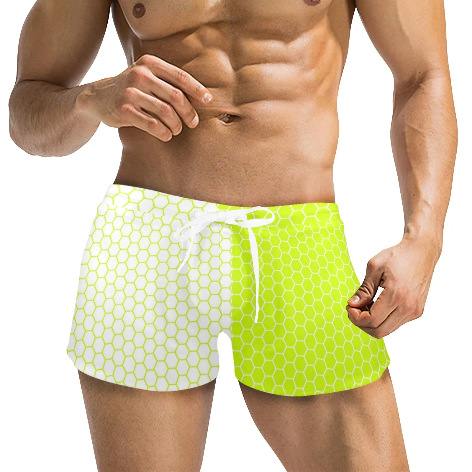 neon green hex white print 5 Men's Swim Trunks with Zipper Pocket (Model L71)