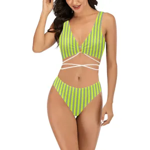 neon green striped Cross String Bikini Set (Model S29)