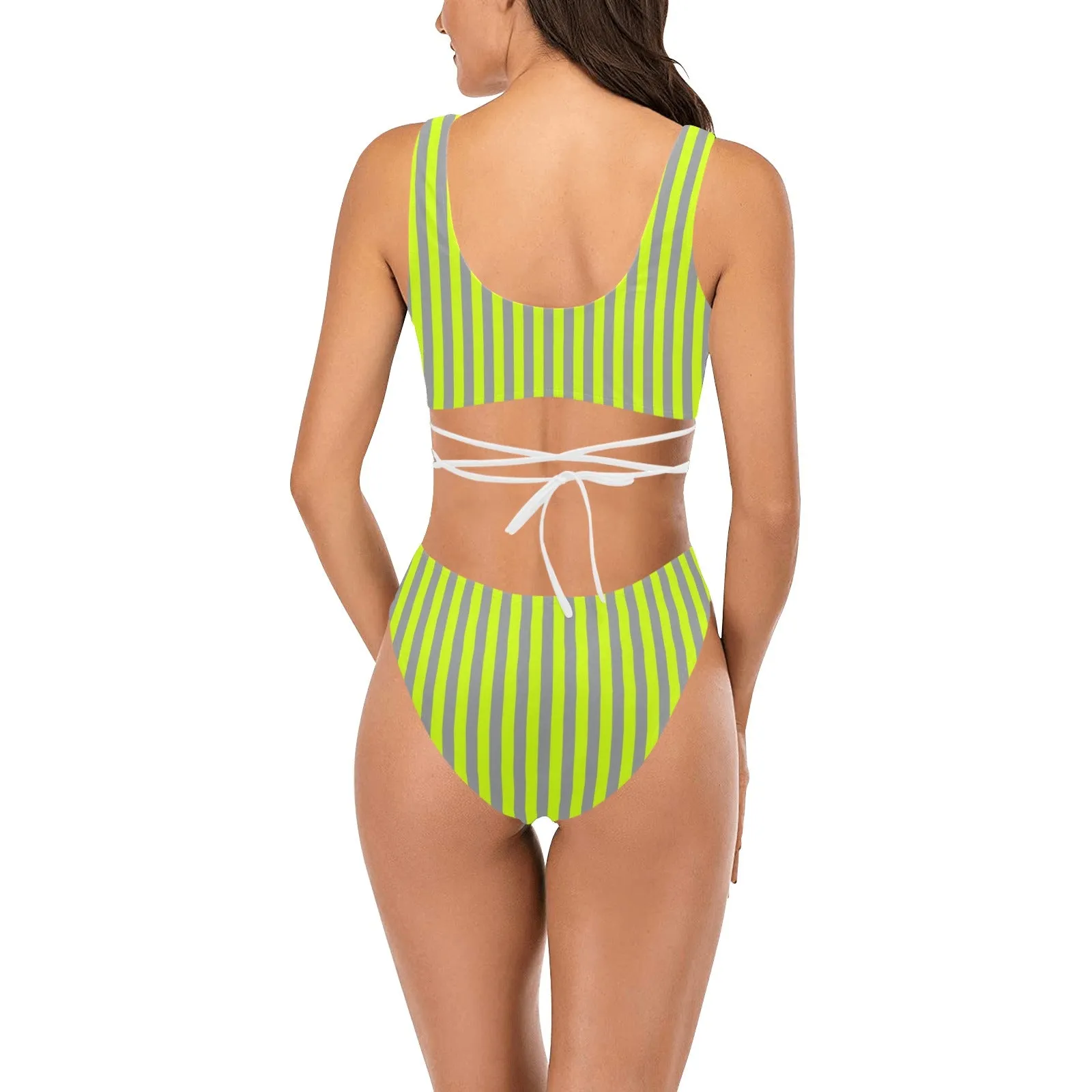 neon green striped Cross String Bikini Set (Model S29)