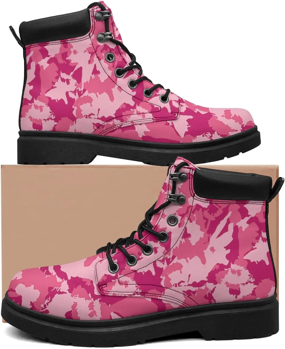 Pink Camo Leaf Boots Womens Snow Boots Ankle Anti-Slip Combat Boots Lace Up Winter Waterproof Leather Boots Shoes Gifts for Women