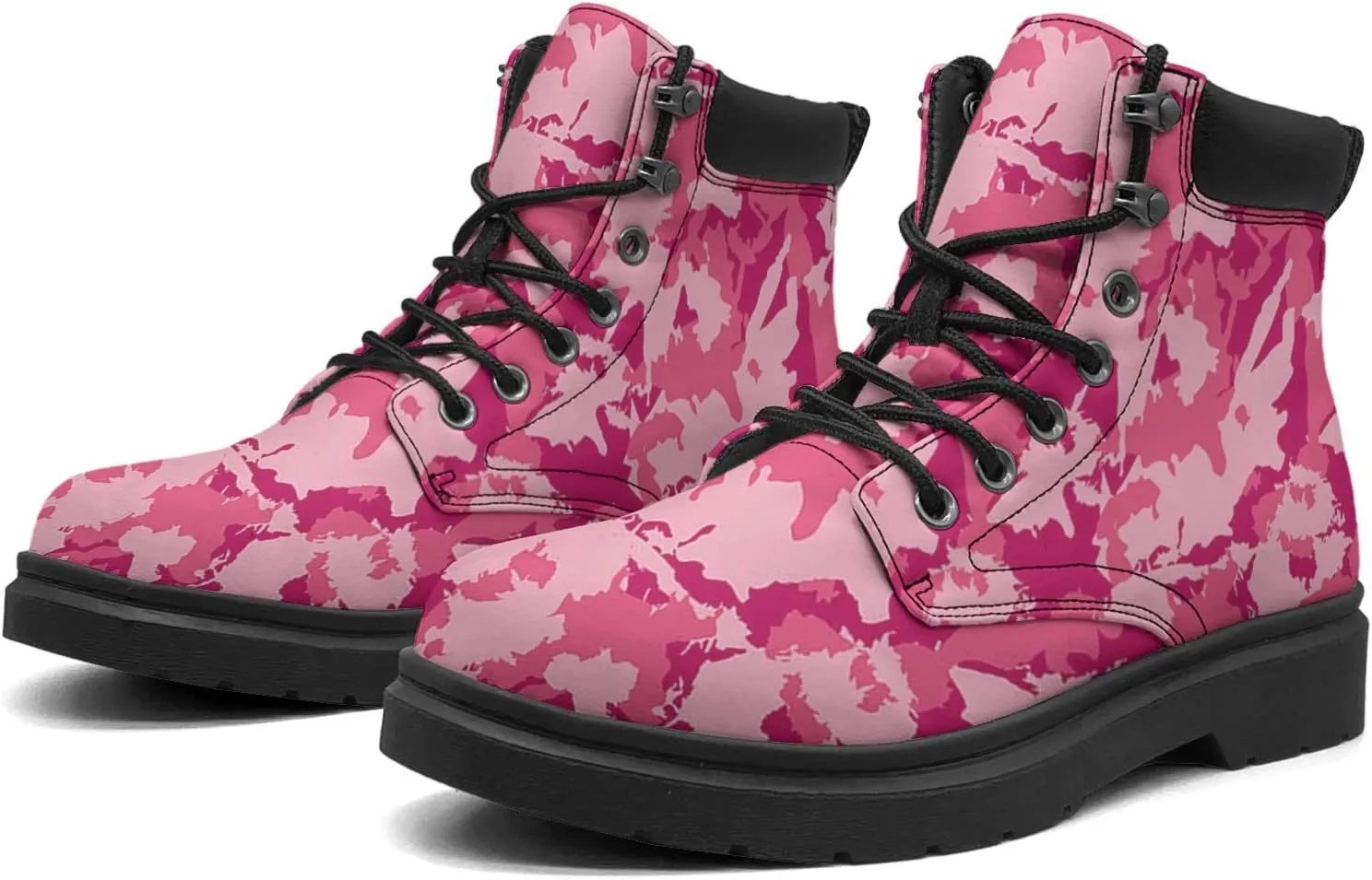 Pink Camo Leaf Boots Womens Snow Boots Ankle Anti-Slip Combat Boots Lace Up Winter Waterproof Leather Boots Shoes Gifts for Women