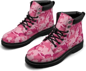 Pink Camo Leaf Boots Womens Snow Boots Ankle Anti-Slip Combat Boots Lace Up Winter Waterproof Leather Boots Shoes Gifts for Women