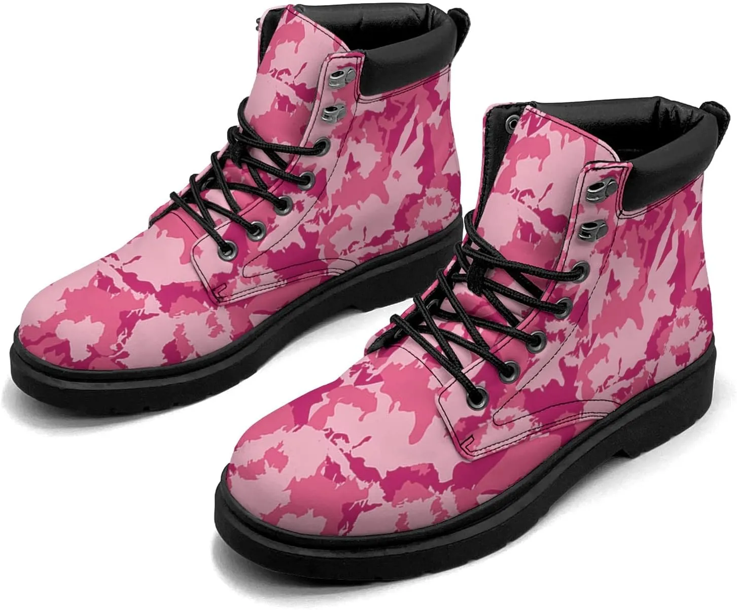 Pink Camo Leaf Boots Womens Snow Boots Ankle Anti-Slip Combat Boots Lace Up Winter Waterproof Leather Boots Shoes Gifts for Women