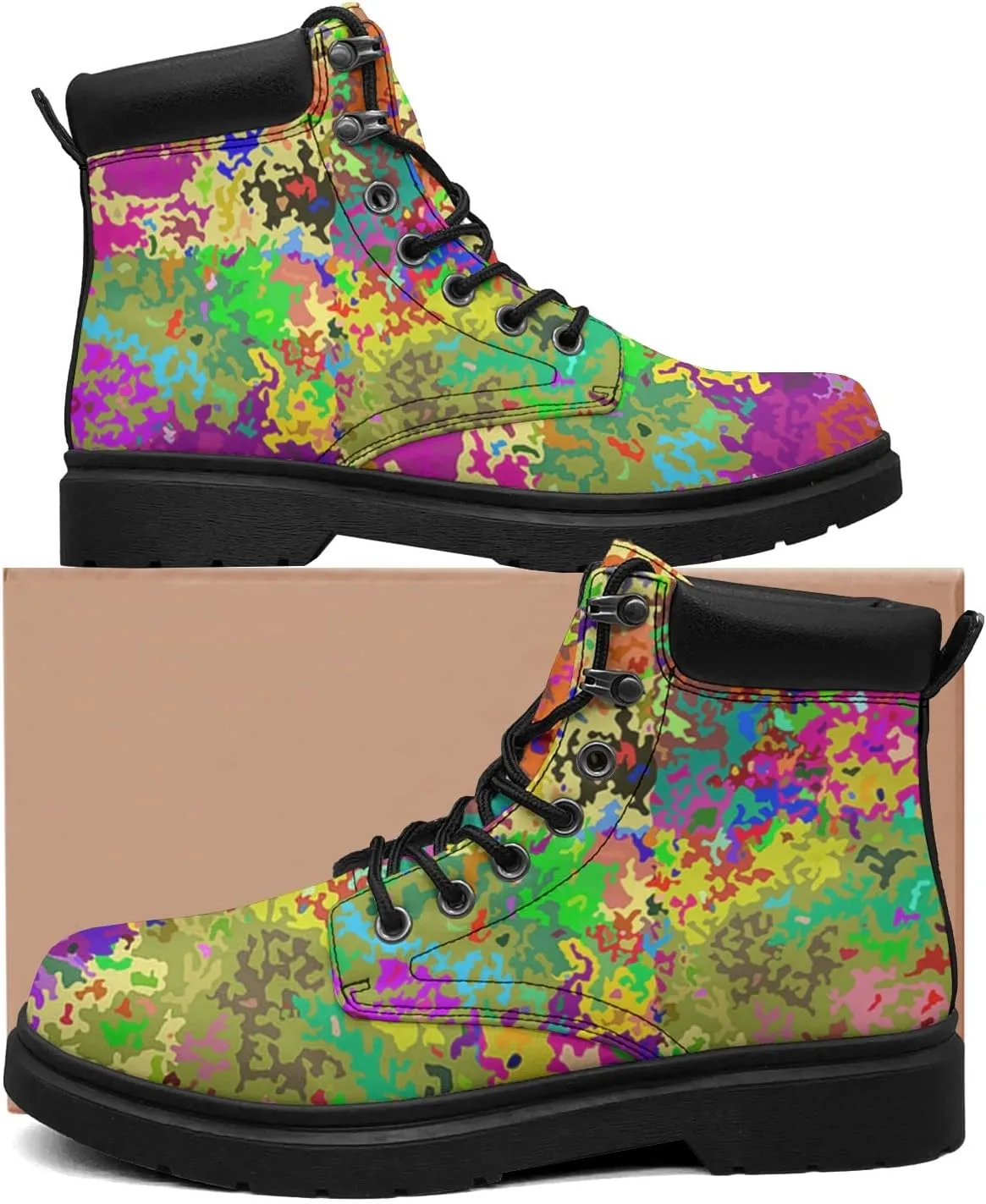 Pitovozu Camouflage Boots Womens Snow Boots Ankle Anti-Slip Combat Boots Lace Up Winter Waterproof Leather Boots Shoes Gifts for Women
