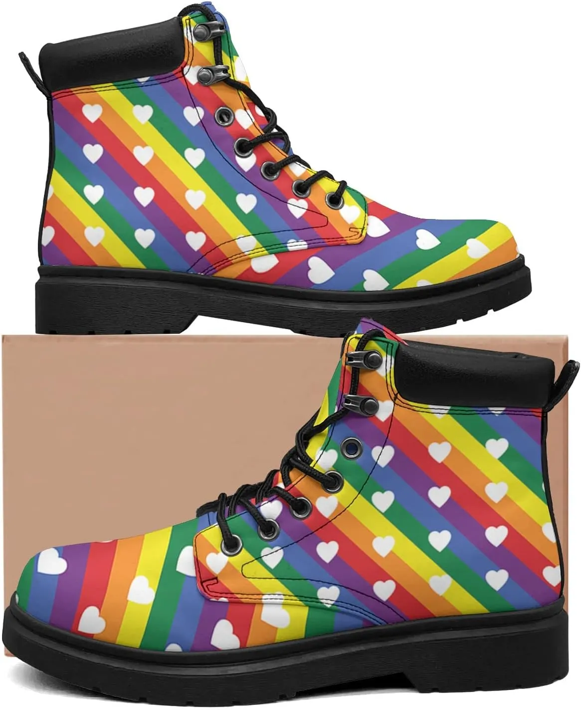 Rainbow Flag Gay Pride Boots Womens Snow Boots Ankle Anti-Slip Combat Boots Lace Up Winter Waterproof Leather Boots Shoes Gifts for Women