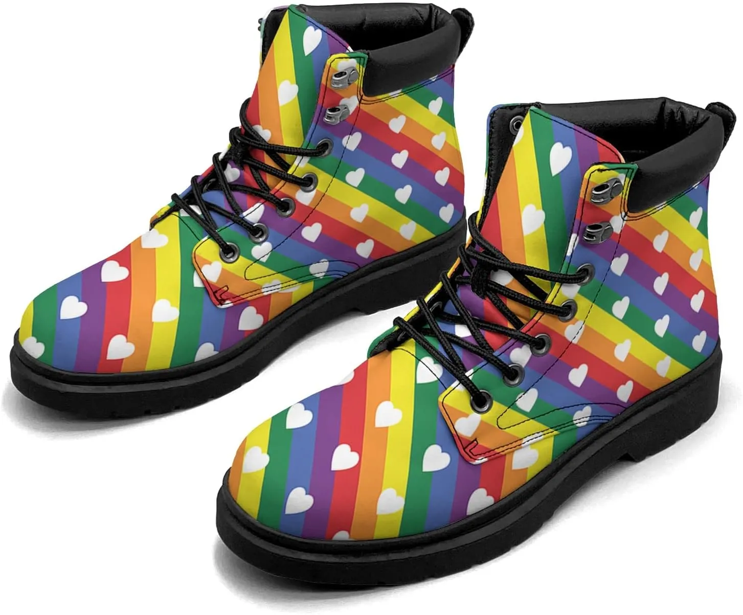Rainbow Flag Gay Pride Boots Womens Snow Boots Ankle Anti-Slip Combat Boots Lace Up Winter Waterproof Leather Boots Shoes Gifts for Women
