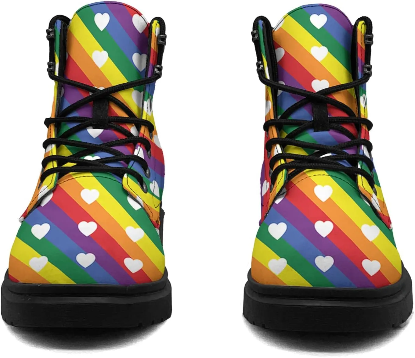 Rainbow Flag Gay Pride Boots Womens Snow Boots Ankle Anti-Slip Combat Boots Lace Up Winter Waterproof Leather Boots Shoes Gifts for Women