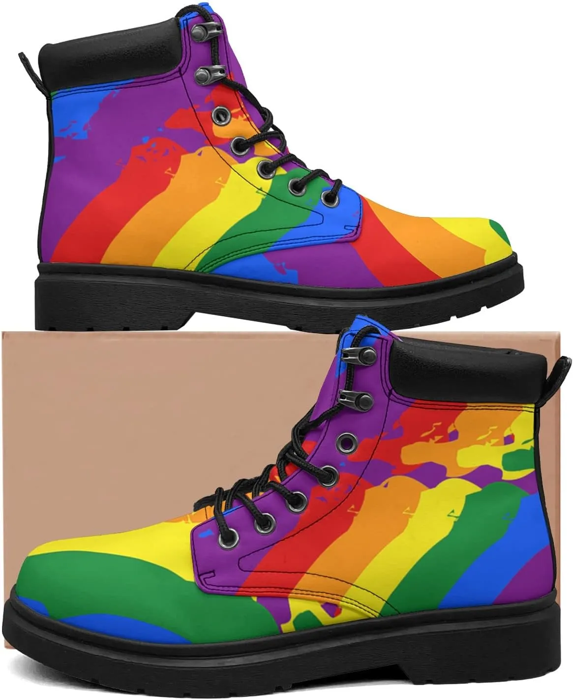 Rainbow Flag Gay Pride Boots Womens Snow Boots Ankle Anti-Slip Combat Boots Lace Up Winter Waterproof Leather Boots Shoes Gifts for Women