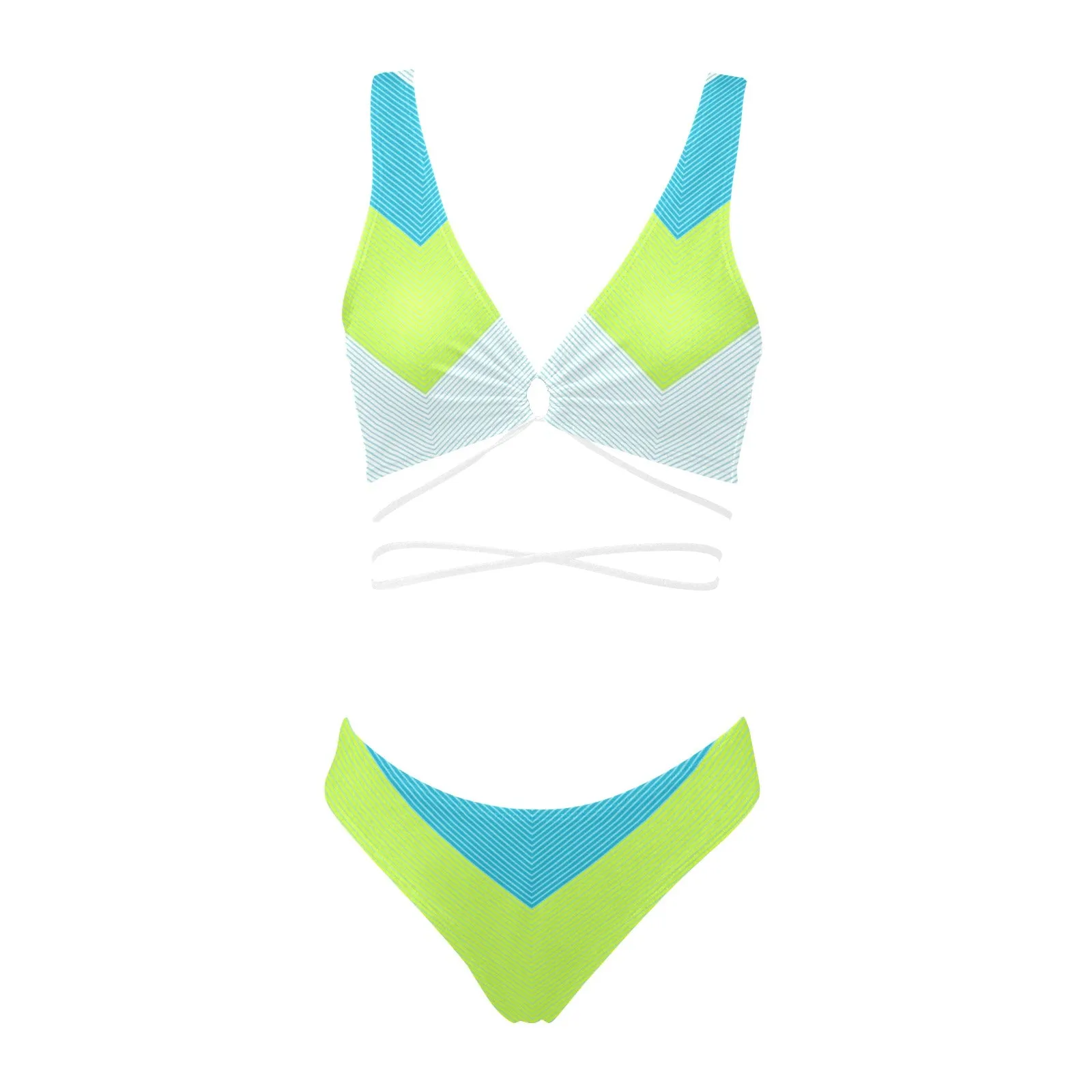 v striped neon green blue white print 5 Cross String Bikini Set (Model S29)