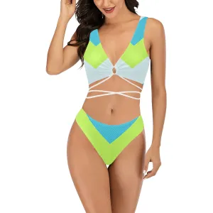v striped neon green blue white print 5 Cross String Bikini Set (Model S29)