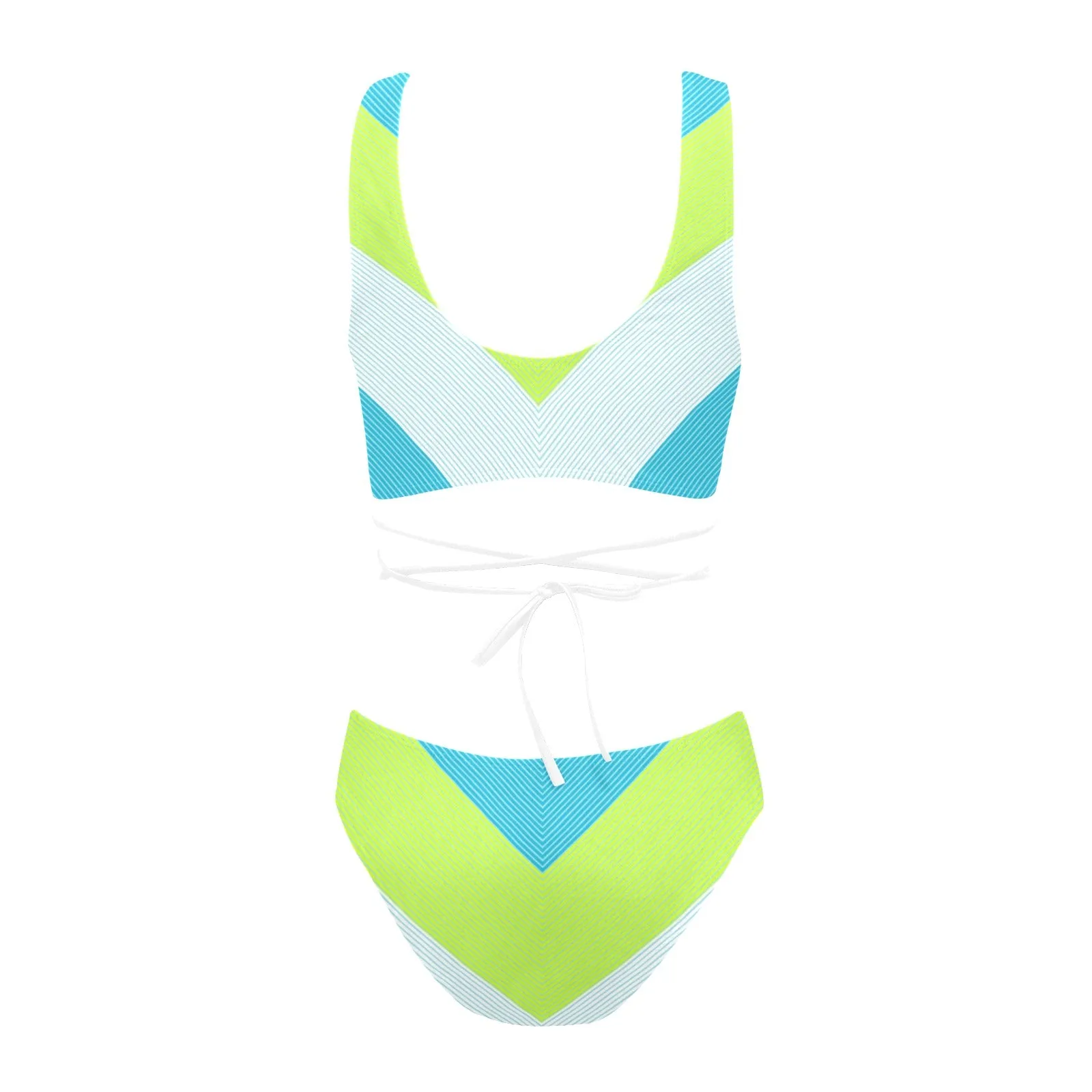 v striped neon green blue white print 5 Cross String Bikini Set (Model S29)