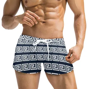 white on blue greek key print Men's Swim Trunks with Zipper Pocket (Model L71)