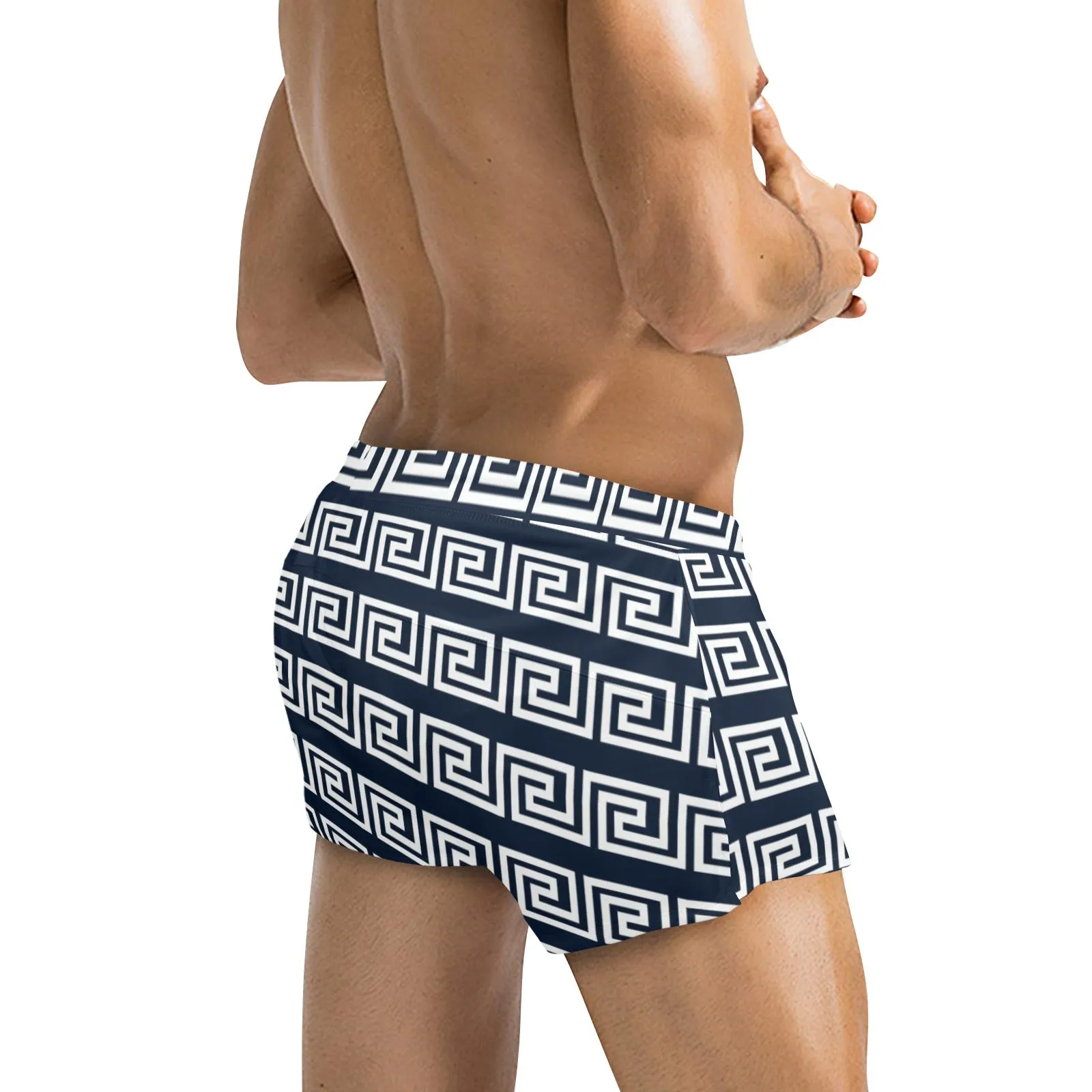 white on blue greek key print Men's Swim Trunks with Zipper Pocket (Model L71)
