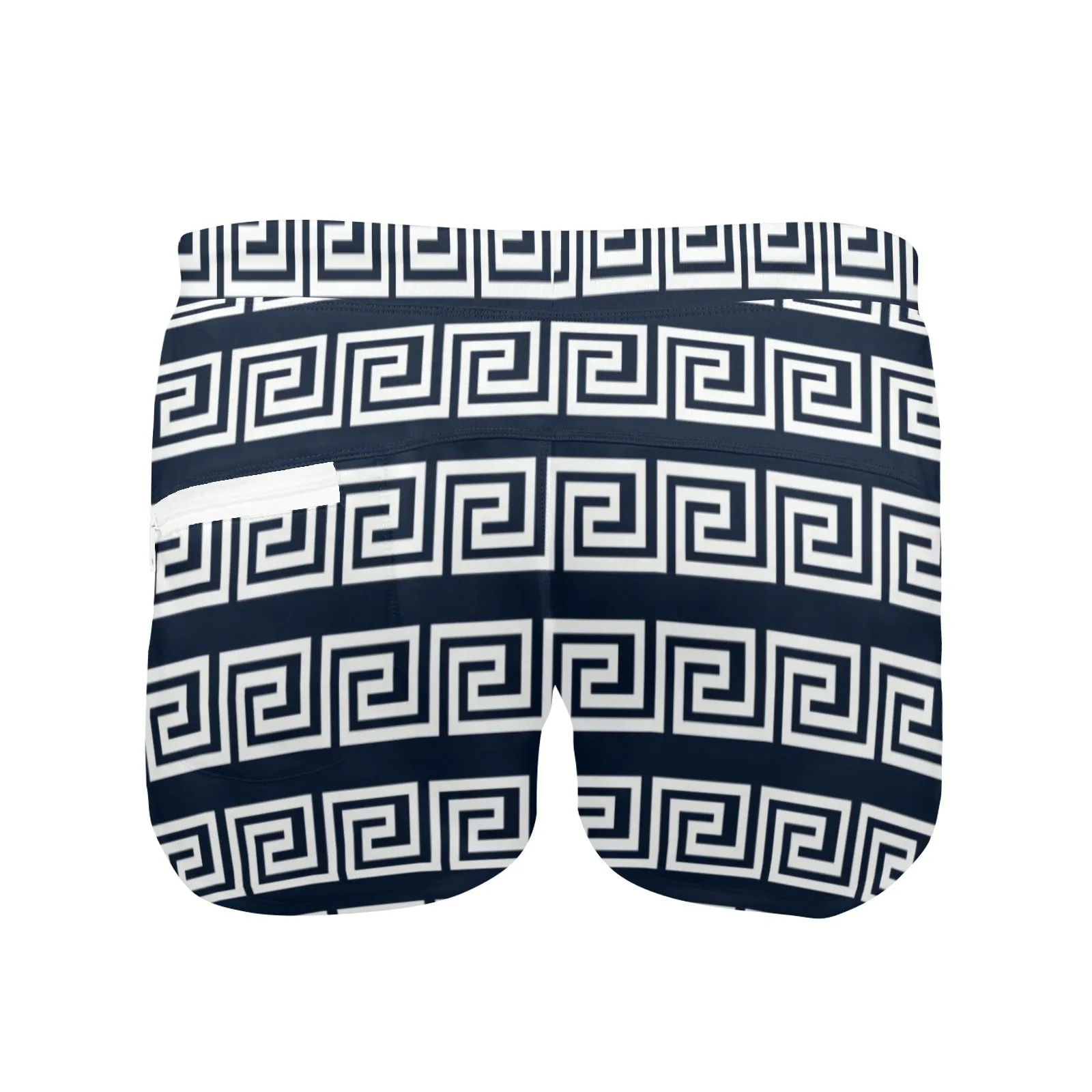 white on blue greek key print Men's Swim Trunks with Zipper Pocket (Model L71)