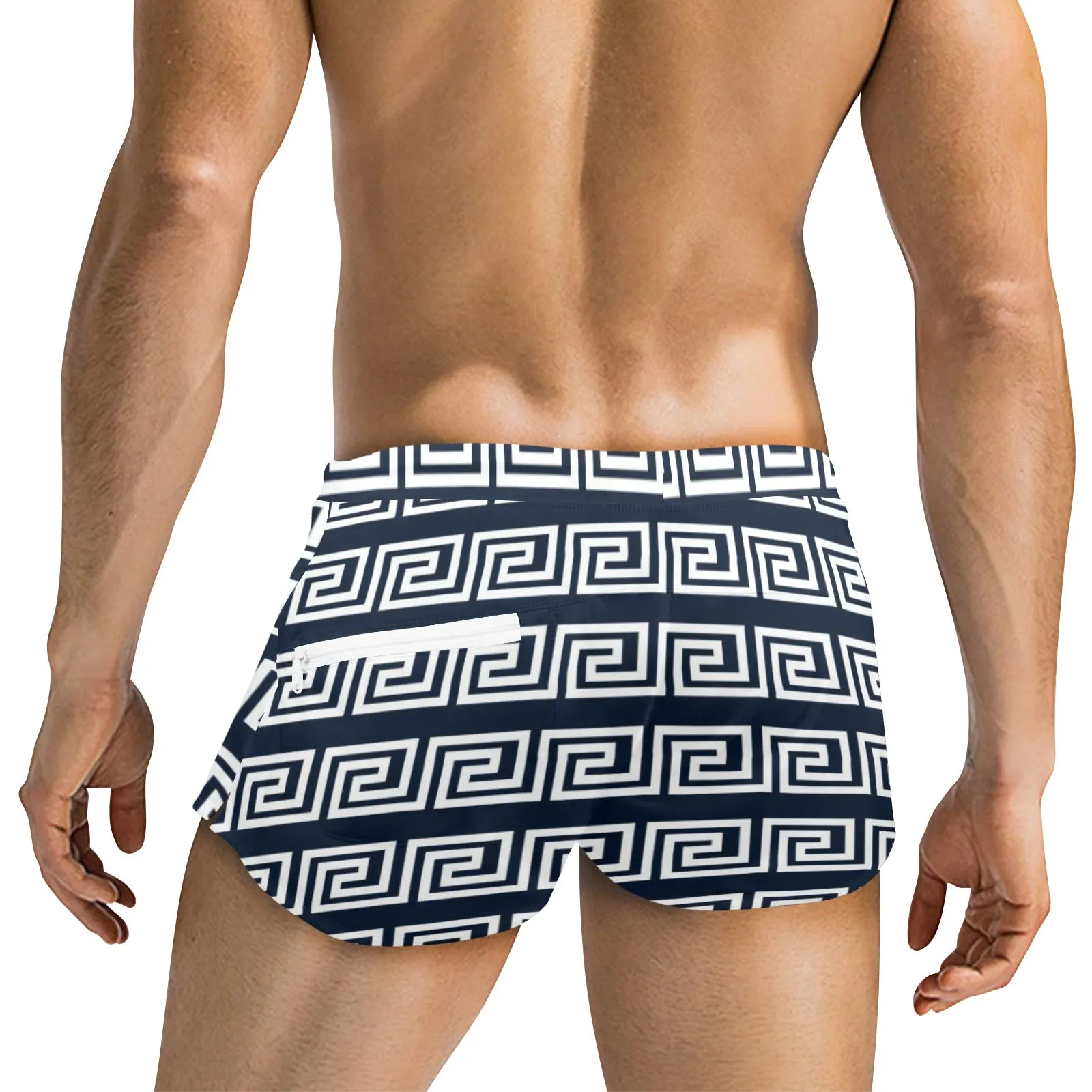 white on blue greek key print Men's Swim Trunks with Zipper Pocket (Model L71)